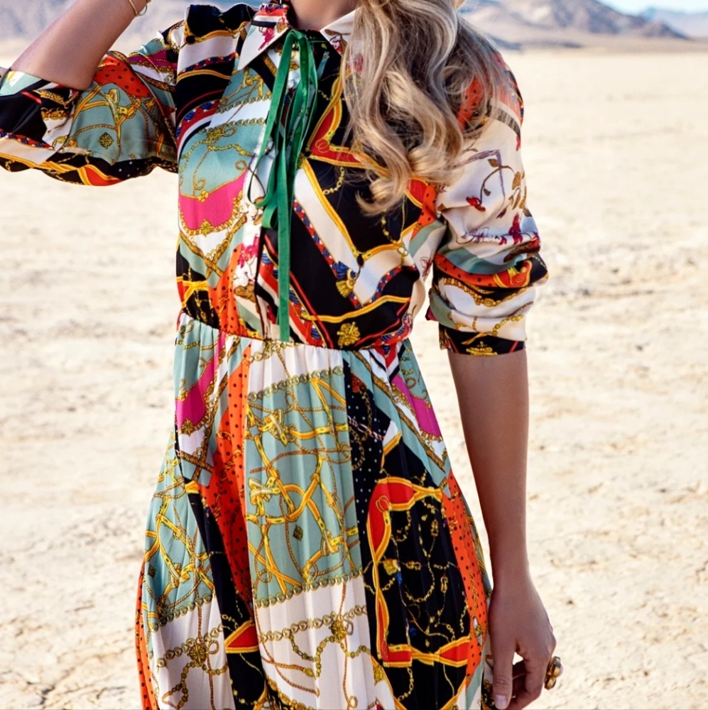 Dalia Macphee Tie Neck Printed Midi Dress. - Picture 4 of 16
